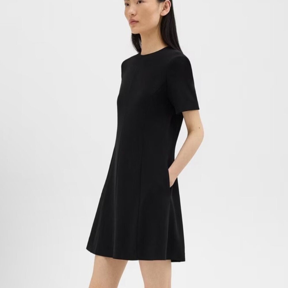 Theory Flared Short-Sleeve Dress in Admiral Crepe